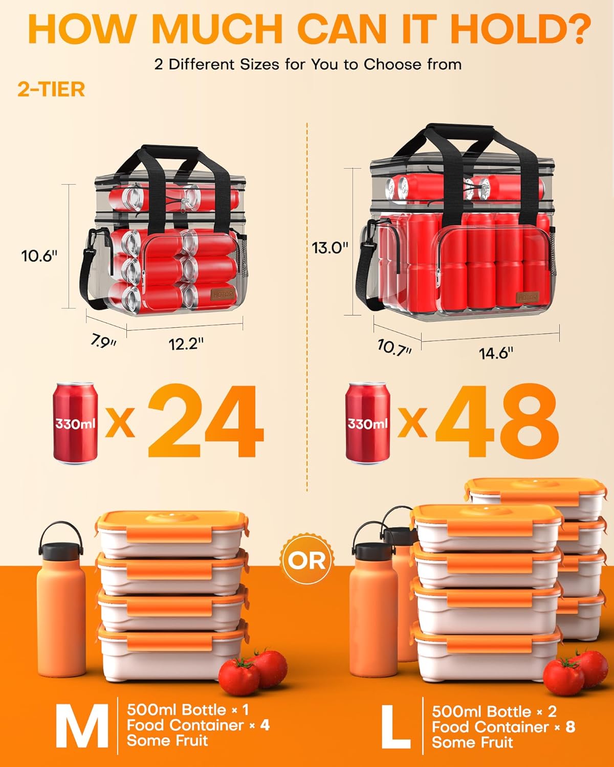 HOTOR Lunch Box for Men and Women - Leak-Proof Insulated Lunch Cooler Bag with Adjustable Strap, Multiple Pockets for Office, Picnic, Hiking, Beach, 2 Layer, 17L, Black, 12.2" x 7.9" x 10.6"