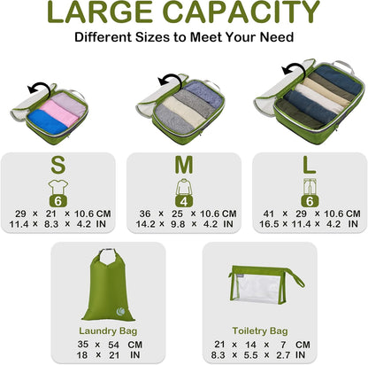 Cipway Compression Packing Cubes, See Through Mesh Luggage Organizer Bags, Travel Essentials for Carry on Suitcase with Laundry Bag and Clear Toiletries Bag（6 Pcs,Green）