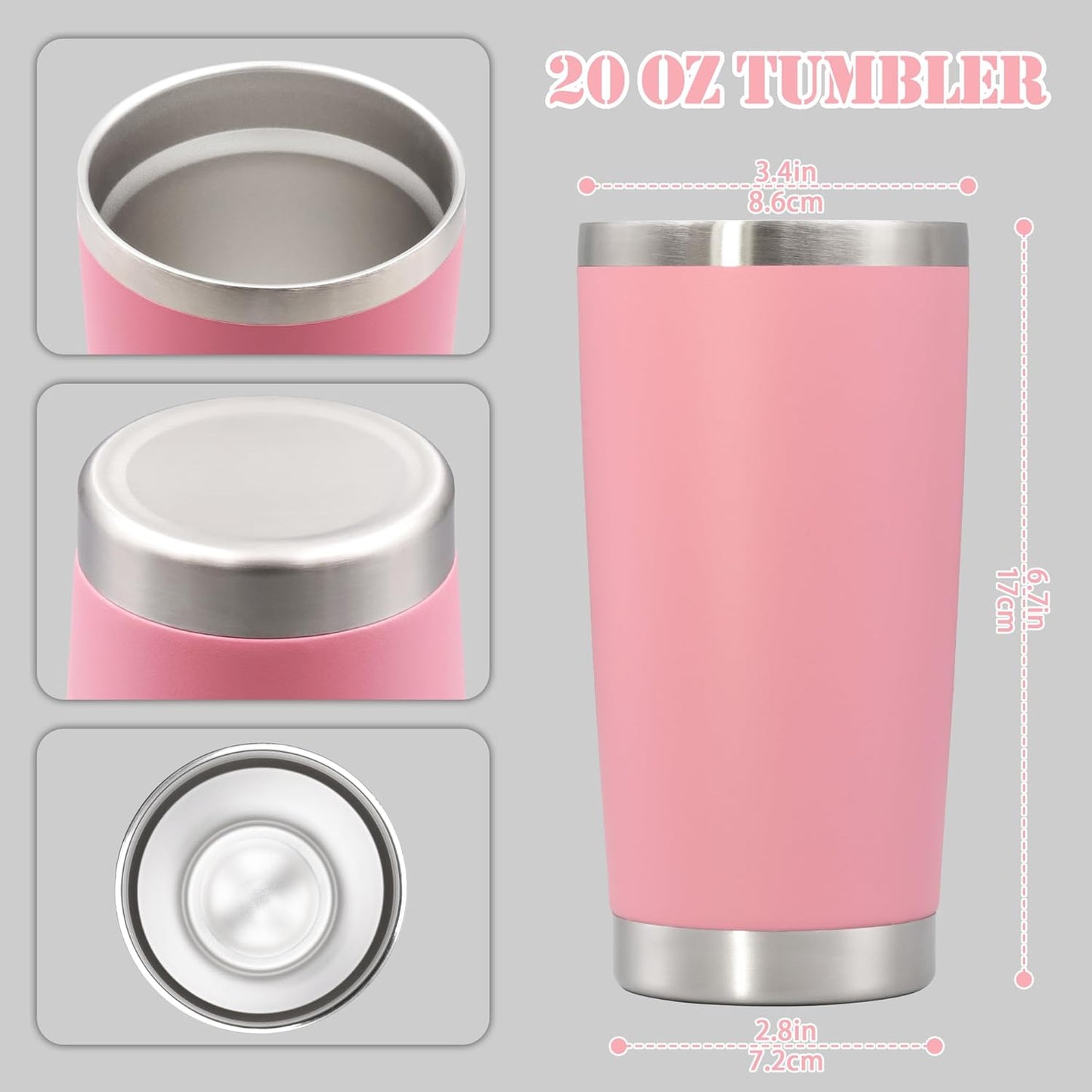 20 oz Tumbler with lid Double Wall Vacuum Insulated Tumblers Stainless Steel Coffee Mug Travel Coffee Tumbler Powder Coated Tumbler Cup Keep Hot&Cold - (Pink 12 Pack)