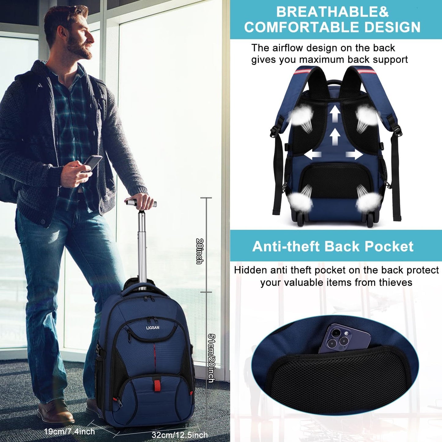 Rolling Backpack for Adults, 17inch Laptop Travel Backpack with Wheels Waterproof Roller Backpacks for Women Men Student Large College Business Suitcase Carry on Luggage Bag Wheeled Bookbag, Blue