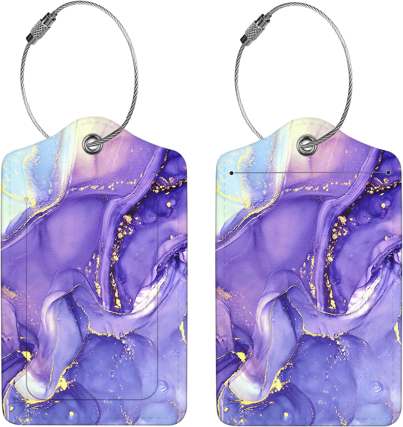 2 Pcs Luggage Tags for Suitcase, Cute Unique PU Leather Travel Bag Tag with Privacy Cover ID Label Address Card and Durable Metal Ring Suitable for Men Women Children Backpack,Purple Marble