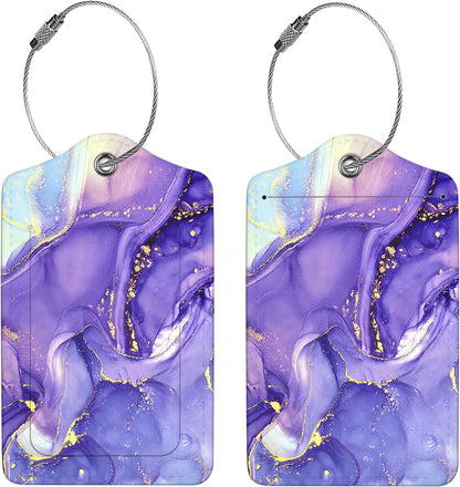 2 Pcs Luggage Tags for Suitcase, Cute Unique PU Leather Travel Bag Tag with Privacy Cover ID Label Address Card and Durable Metal Ring Suitable for Men Women Children Backpack,Purple Marble