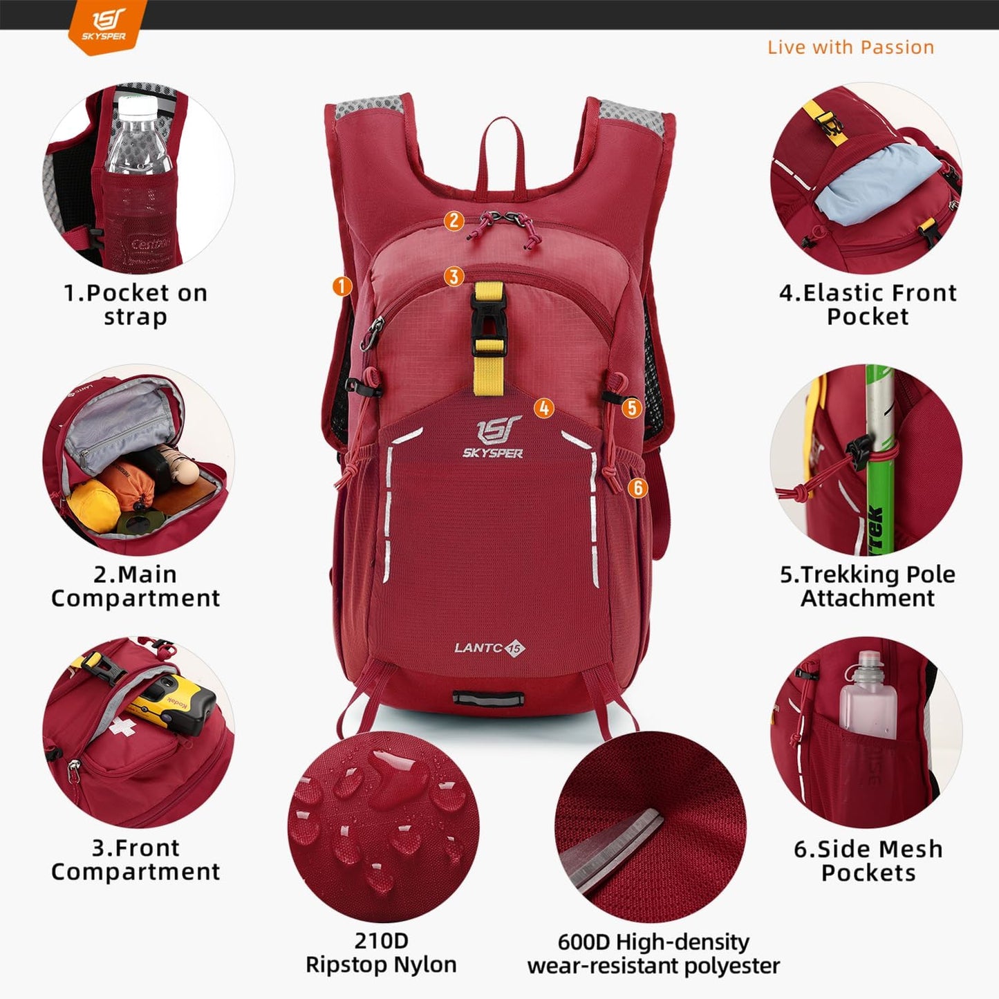 SKYSPER Small Hiking Backpack - 15L Travel Daypack Lightweight Bag Water Resistant Hiking Backpacks for Women Men(Red)