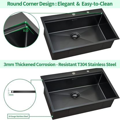 Kitchen Sink, 33 x 22 Drop in Kitchen Sink Gunmetal Black 16 Gauge Stainless - Image 6