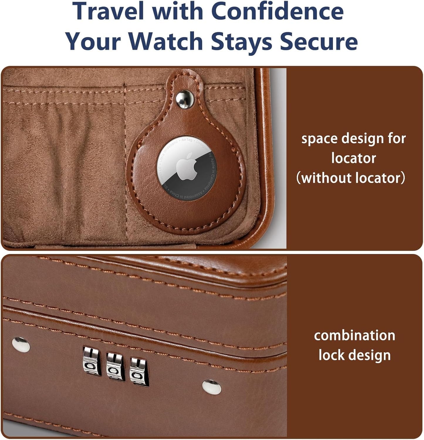 KAMIER Watch Travel Case with Combination Lock - 2 Watch Storage and Jewelry Organizer - Watch Case for Ring and Watch Storage, PU Leather Travel Watch Case, Ideal for Gift (With Gift Box) (Brown)