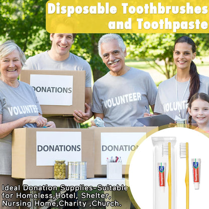HOFASON Disposable Toothbrushes with Toothpaste Pack of 200, Yellow Hollow Travel Toothbrush Set with 5g Toothpaste Individually Wrapped Toothpaste Bulk for Homeless, Nursing Home, Shelter, Hotel