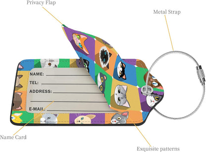 2 Pcs Luggage Tags for Suitcases, PU Leather Cruise Ship Luggage Tags with Privacy Cover Label Address Card and Durable Metal Ring Suitable for Men Women Handbags Backpacks Schoolbag,Animal Squares