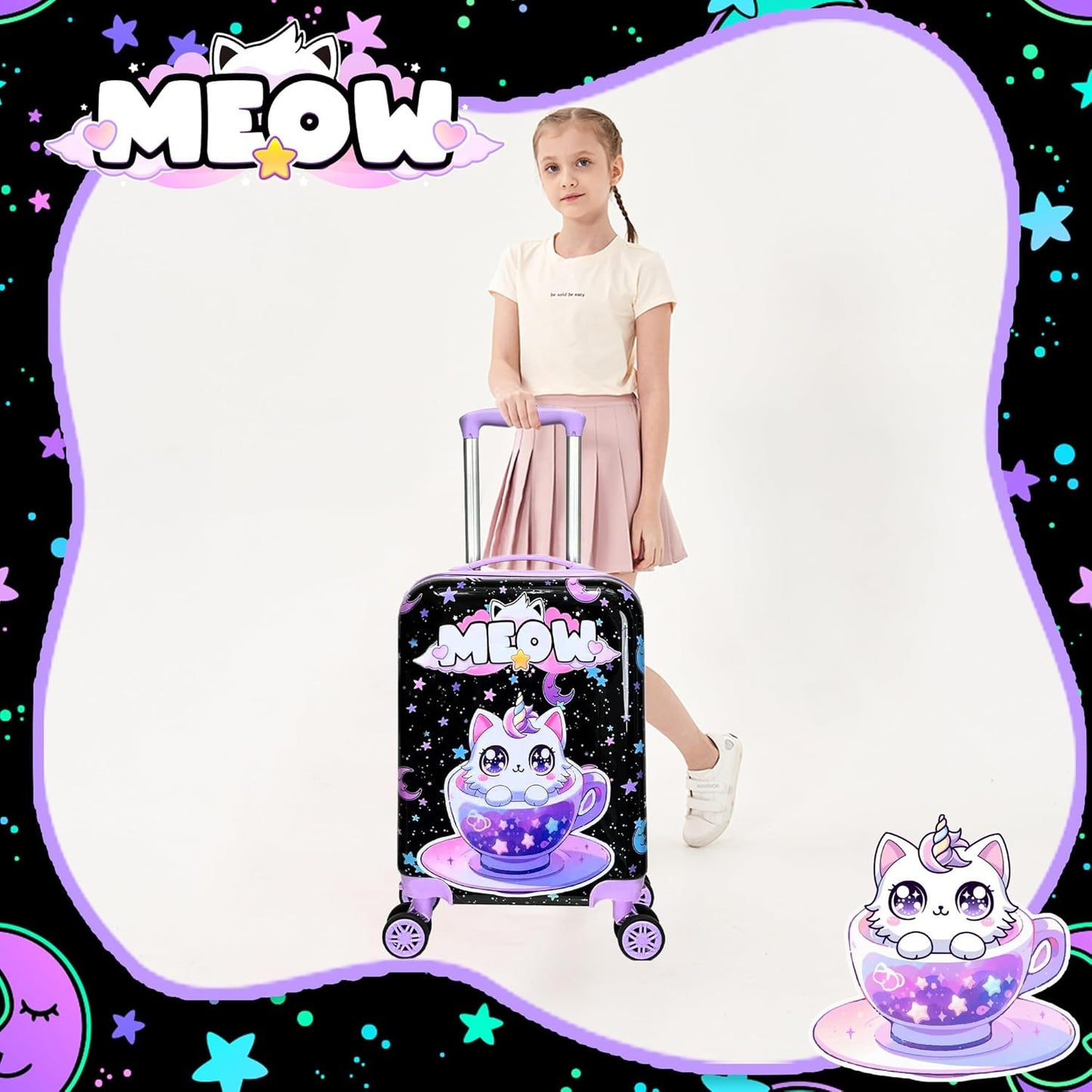 Cute Black Cat Kid's Luggage Set 2 Piece Suitcase Set 16" Hardside Luggage with Spinner Wheels Girls Carry on Toddler Travel Rolling Luggage Airline Approved