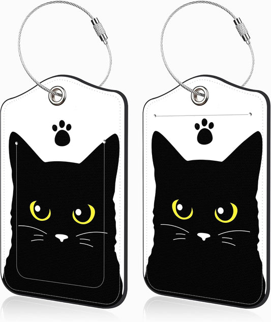 Set of 2 Luggage Tags Cute Black Cat Luggage Tags for Suitcases Leather Suitcase Tags Identifiers with Privacy Name Address Label and Stainless Steel Loop for Women Men Travel Luggage Accessories