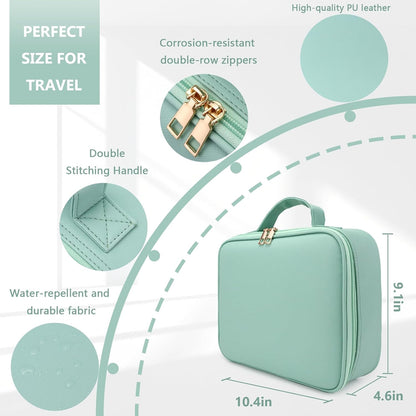 Travel Makeup Bag,with Mirror 3 Color Setting and Detachable 10x Magnifying Mirror Travel Makeup Bag,Portable Storage and Adjustable Dividers （light green）