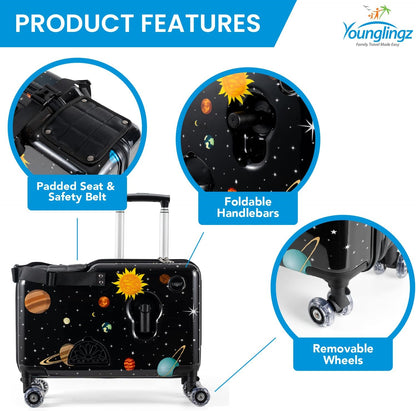 Younglingz LIL FLYER GO Version 2 Ride On Suitcase for Kids | Carry On Luggage with Toddler Seat, Foldable Handlebars, Pedals, and Removable Wheels | Holds up to 80 lbs | SPACE | Ages 2-6