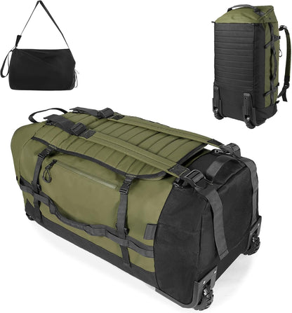 86L 30” Folding Duffle Backpack with 2 Wheels,Travel Bag with Separate Shoe Compartment,Army Green