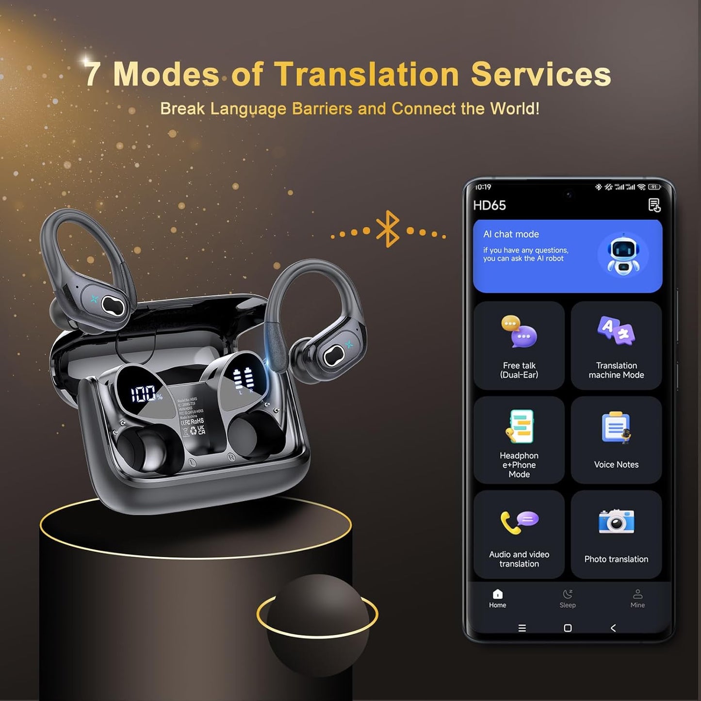 AI Translation Earbuds Real Time, 164 Language Translator Earbud 3-in-1 Bluetooth 5.4 Translator Earbuds with 6 Translation Modes, 75H Translators Headphones with APP for Travel Business, Black