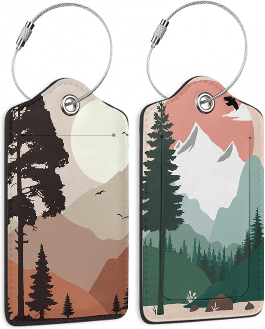 2 Pack Luggage Tag for Suitcase, Landscape Pine Trees Mountains Leather Bag Tags Identifiers Privacy Cover ID Label with Durable Steel Loop for Women Men Kids Girls Travel