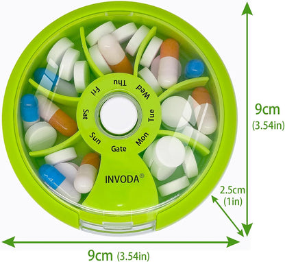 INVODA Weekly Pill Organizer 7 Compartment Rotating Pill Box for Daily Medication & Vitamins - Portable Travel Pill Case Fish Oil Supplements Vitamins Organizer (Green+Orange)