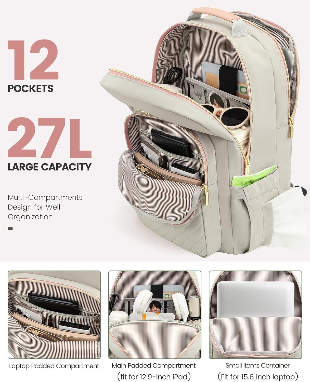 LOVEVOOK Laptop Backpack Purse for Women, Work Travel Computer Bags, College School Backpack for Student Girl, Quilted Casual Daypack with USB Port, Fit 15.6 Inch Laptop, Grey Pink