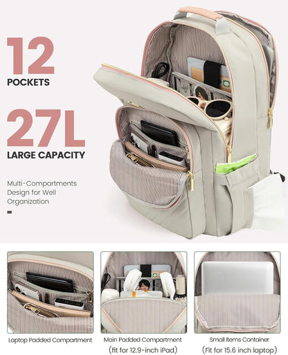 LOVEVOOK Laptop Backpack Purse for Women, Work Travel Computer Bags, College School Backpack for Student Girl, Quilted Casual Daypack with USB Port, Fit 15.6 Inch Laptop, Grey Pink