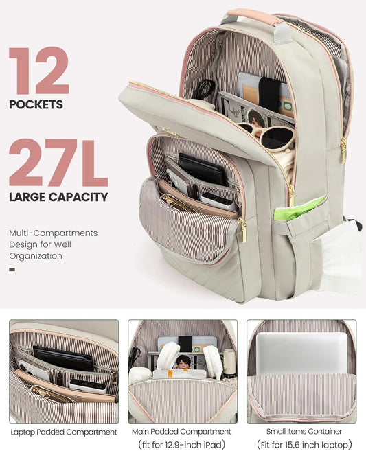 LOVEVOOK Laptop Backpack Purse for Women, Work Travel Computer Bags, College School Backpack for Student Girl, Quilted Casual Daypack with USB Port, Fit 15.6 Inch Laptop, Grey Pink