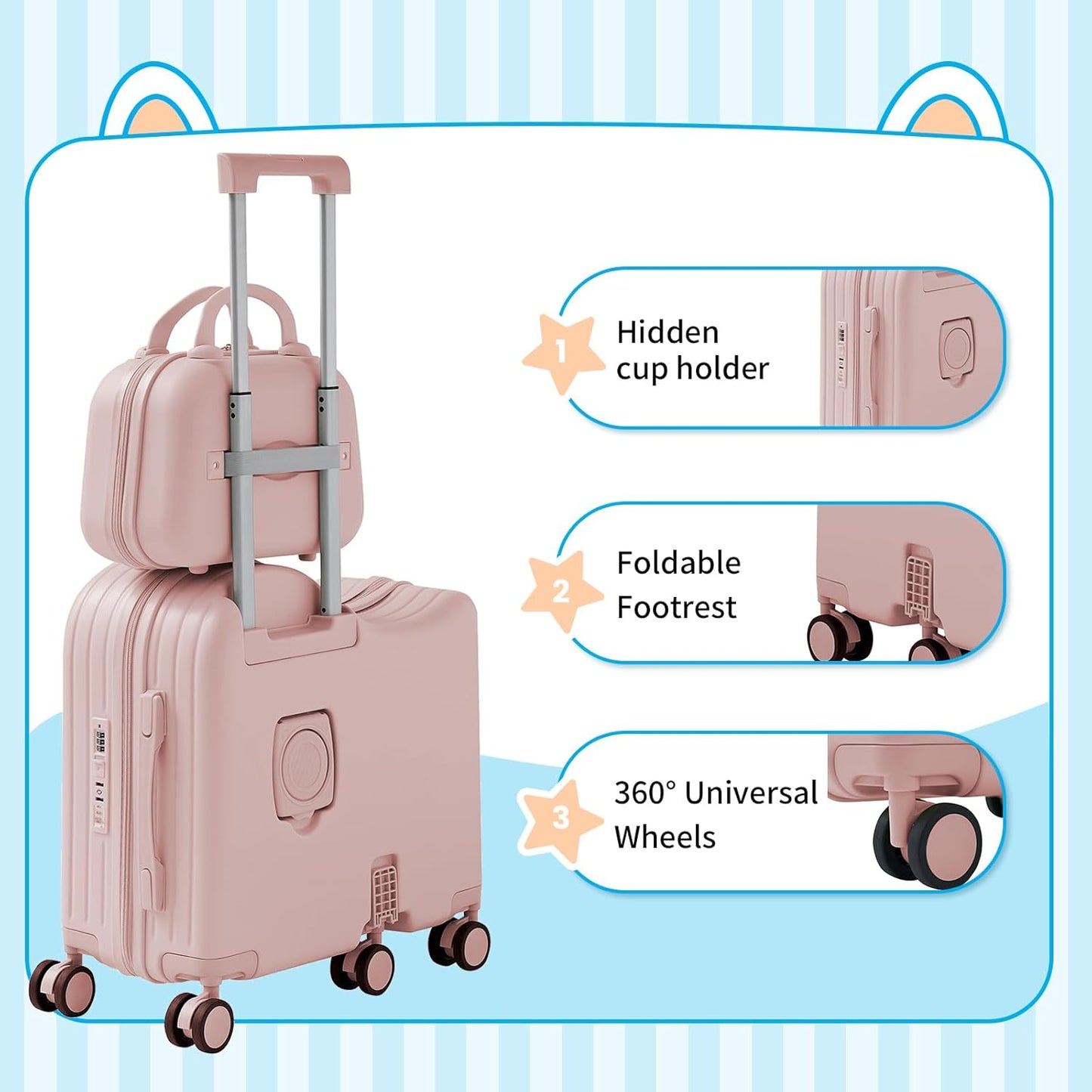 TABU Ride-on Luggage with Handbag for Kids，Hardshell Carry On Suitcase with Hidden Cup Holder, Foldable Pedal,Type-C & USB Interface, TSA Lock, 6-Spinner Wheels, Pink