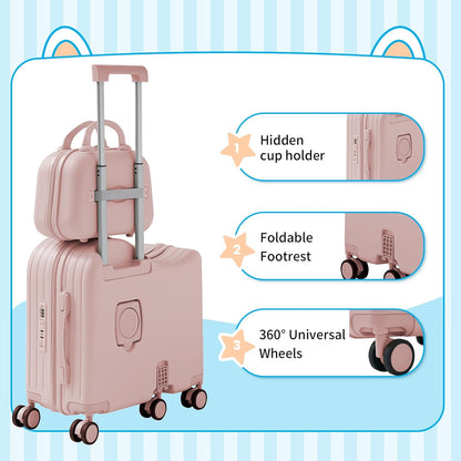 TABU Ride-on Luggage with Handbag for Kids，Hardshell Carry On Suitcase with Hidden Cup Holder, Foldable Pedal,Type-C & USB Interface, TSA Lock, 6-Spinner Wheels, Pink