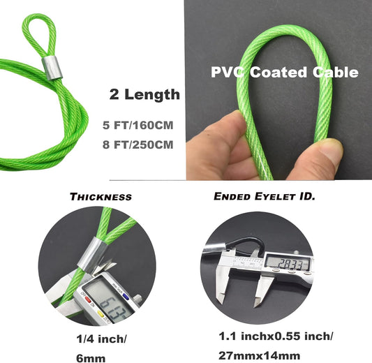 8FT 6mm Stainless Steel Security Cable Lock,Braided Steel Vinyl Coated Safety Cable Luggage Lock,Flexible Steel Cable Security Wire Rope Double Loop,Green