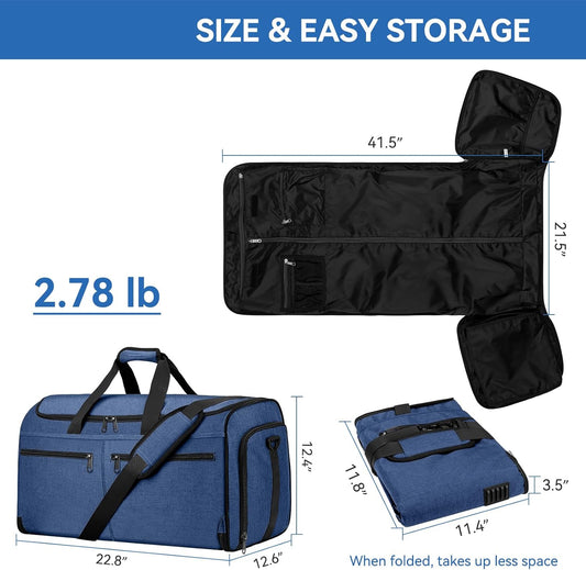 Large Garment Bag for Travel, Bukere Convertible Suit Travel Garment Duffel Bag for Men Women Business, Shoe Compartment, Detachable Shoulder Strap, Multi-Function 2 in 1 Weekender Bag, Blue