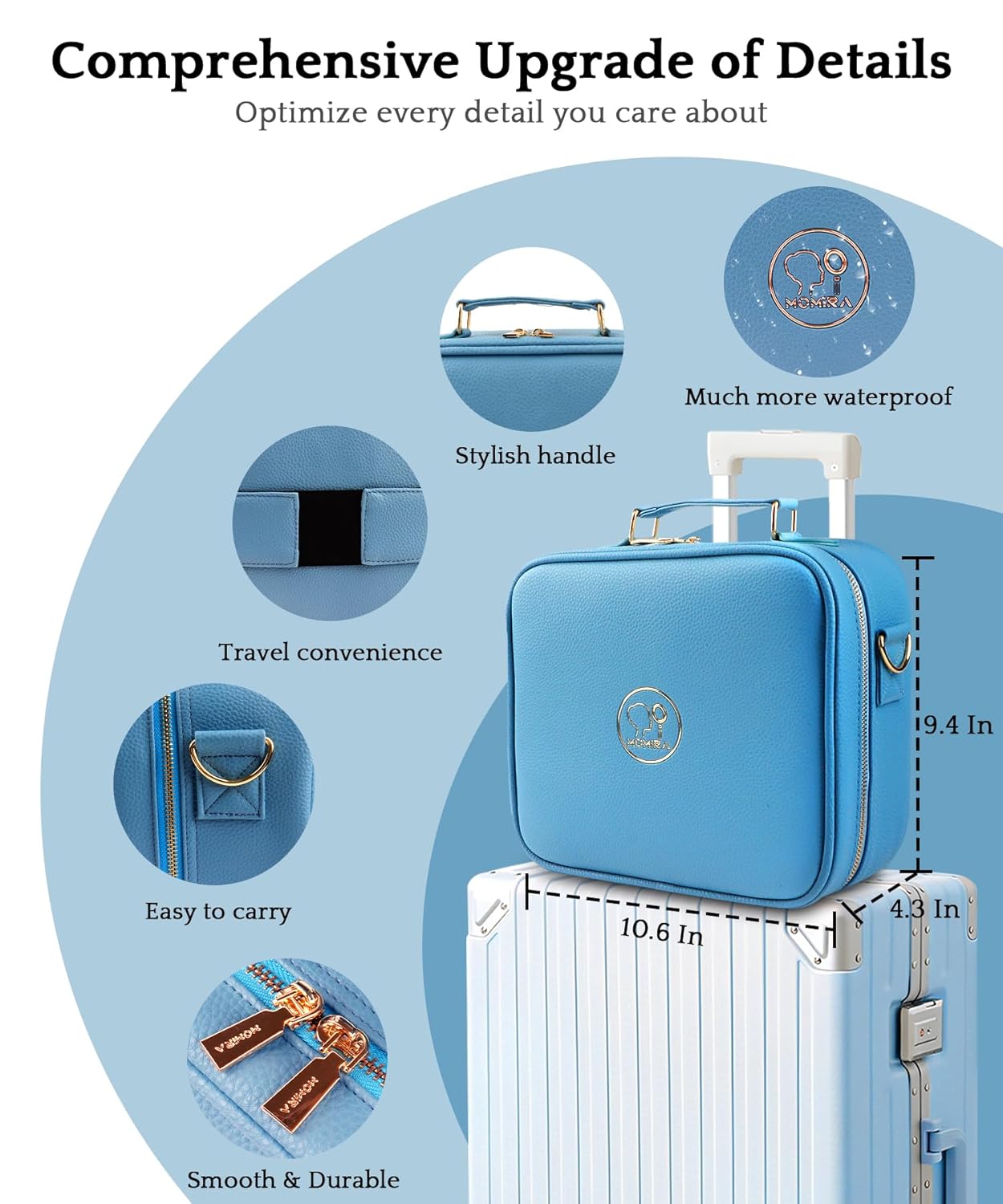 MOMIRA Travel Makeup Bag Cosmetic Bag with Lighted Mirror, Adjustable Brightness in 3 Color Scenarios/Detachable makeup mirror, All-round Upgrade, Waterproof, Gift for Women -Azure Blue