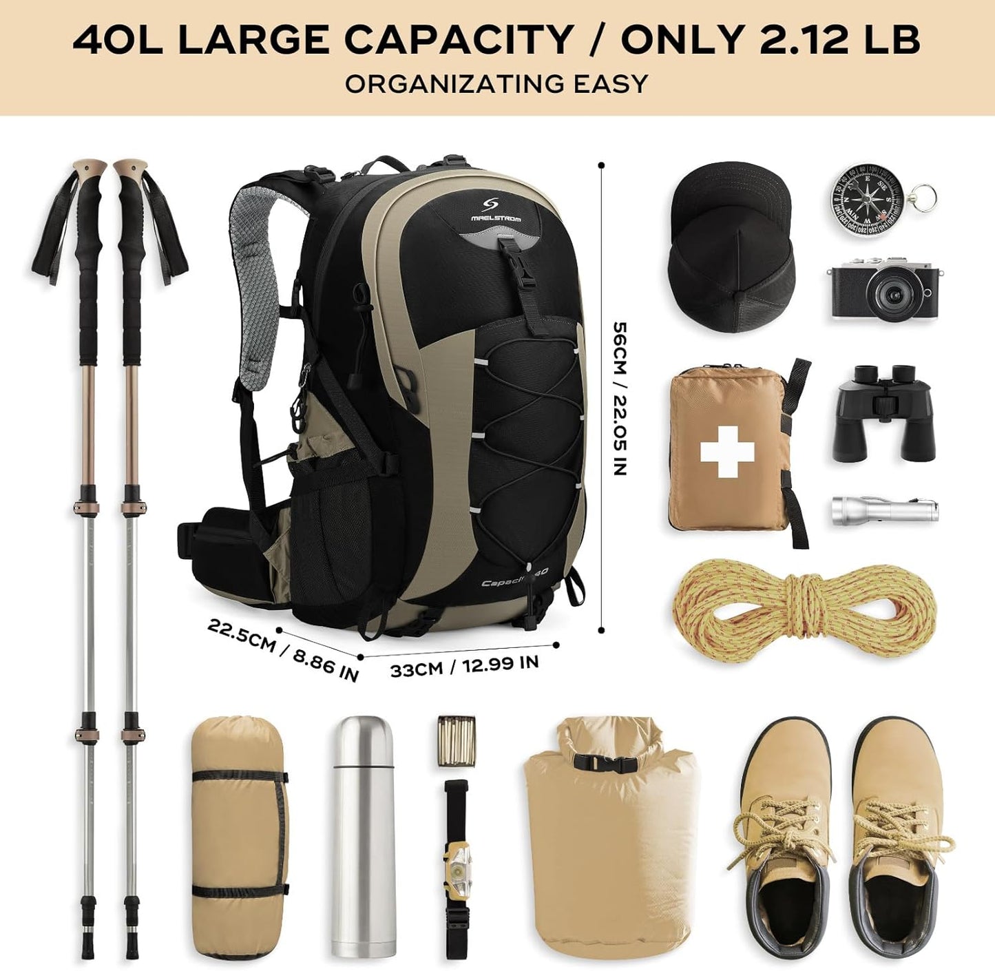 Maelstrom Hiking Backpack,Camping Backpack,40L Waterproof Hiking Daypack with Rain Cover,Lightweight Travel Backpack,Khaki