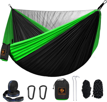 Camping Hammock, Portable Hammocks with Mosquito Net,Lightweight Nylon Parachute Hammock with 10ft Tree Straps,Camping Gear Must Haves for Travel Hiking Backpacking Beach Patio Black& Green