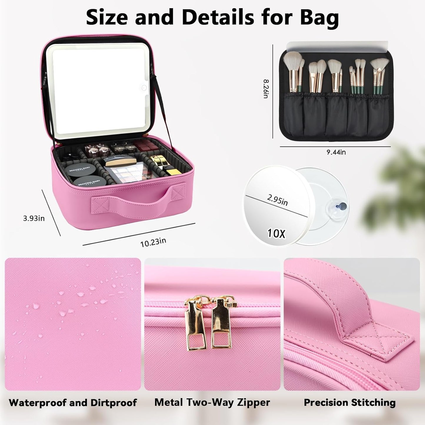 Travel Makeup Bag with LED Mirror and 10x magnifying glass with 3 Lighted Settings, Adjustable Dividers and Makeup Brush Storage Bag Dark Pink