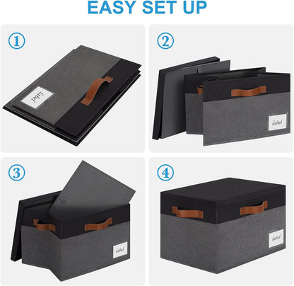 Large Storage Bins with Lids, Foldable Fabric Storage Baskets with Lids, Sturdy Storage Boxes with Labels and 3 PU Handles for Closet Home Bedroom Office (26L, 3 Packs, Grey&Black)