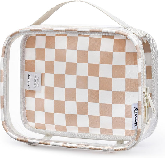 Narwey TSA Approved Clear Toiletry Bag for Travel, Waterproof PVC Clear Makeup Bags, Portable Compact Cosmetic Bag Make Up Organizer, Airport Airline Quart Size Compliant Bag (Light Checkerboard)