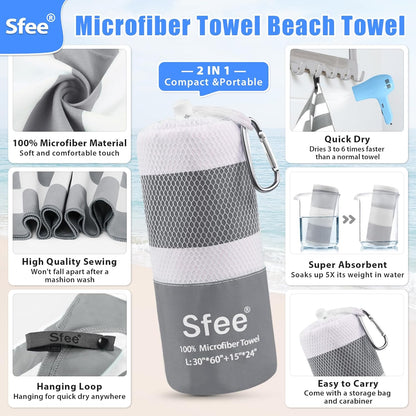 Sfee 2 in 1 Microfiber Beach Towel, Quick Dry Towel Camping Towel Travel Towel Super Absorbent Compact Lightweight Sports Gym Towels Set for Beach, Gym, Hiking, Pool, Backpacking, Bath, Yoga
