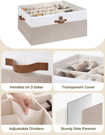 StorageWorks Shoe Organizer for Closet, Fits up to 24 Pairs, Shoe Cubby Storage Containers with Adjustable Dividers and Clear Cover, Brown & White