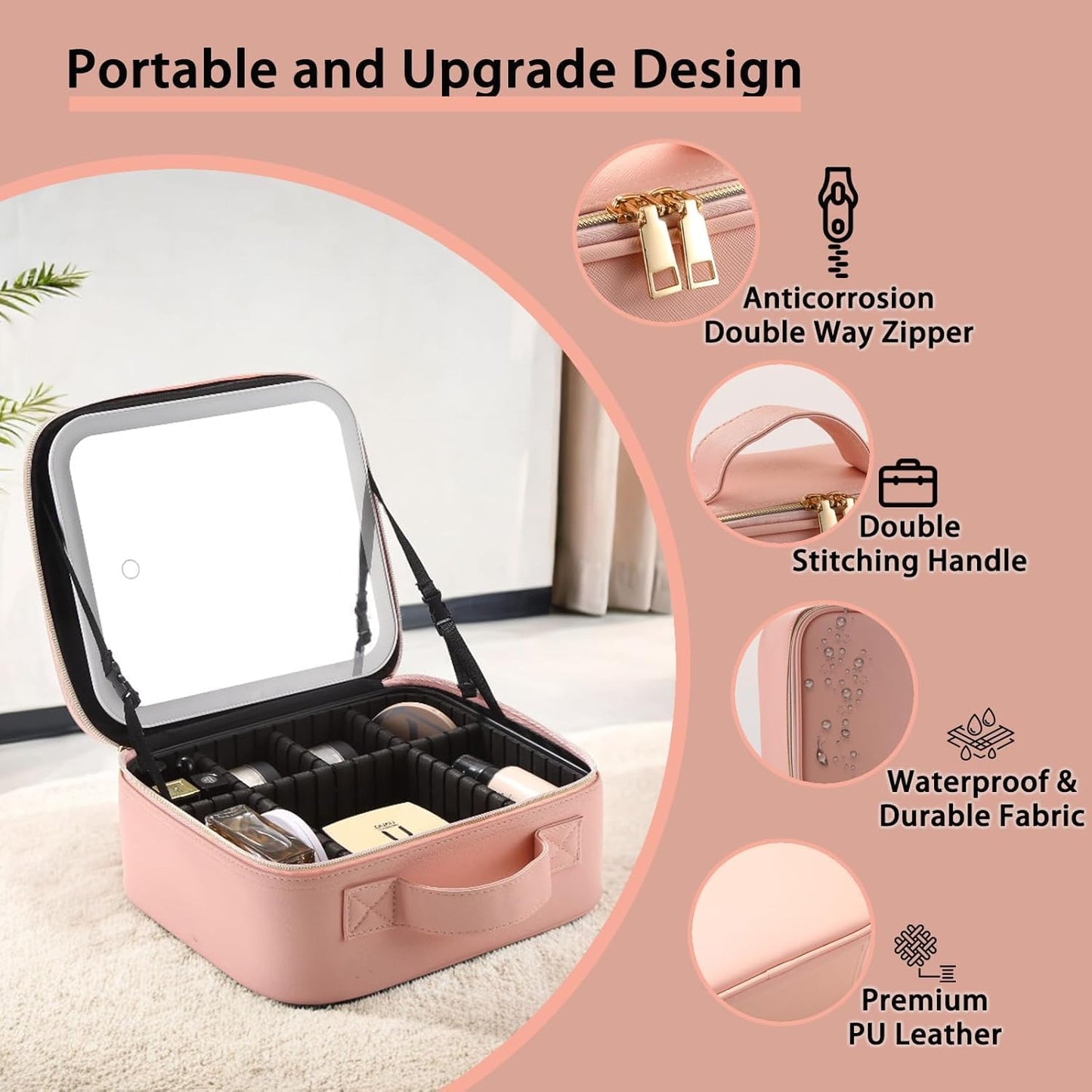 Makeup Bag with Led Mirror,Travel Makeup Organizer with 3 Color Setting & Jewelry storage box, Portable Storage and Adjustable Dividers Travel Makeup Bag(Pink)