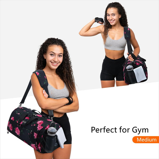 TOPDesign Gym Bag for Women, Duffel Bag with Shoe Compartment & Wet Pocket for Travel Sports (M Peony)