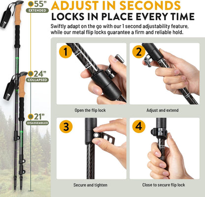 100% Carbon Fiber Trekking Poles by USA Brand - Ultra Strong Lightweight Collapsible Hiking Poles with Cork and EVA Foam Grips & Quick Adjustable Flip Locks