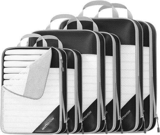 6 Set Compression Packing Cubes for Travel - Compressible, Lightweight, and Space-Saving Packing Cubes, Travel Essentials for Women, Black