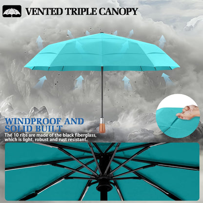 3T Wind Armor Travel Umbrella Compact Easy Auto Open Close Folding Umbrellas for Rain Windproof Umbrella for Women and Men Durable Real Wood Handle Portable Fits Backpack Car