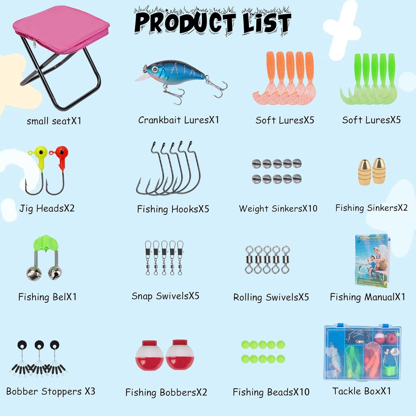 Kids Fishing Pole Set, Telescopic Fishing Rod Reel Combo Kids Starter Kit with Lures Tackle Box, Foldable Stool and Portable Bag for Boys Girls Younth