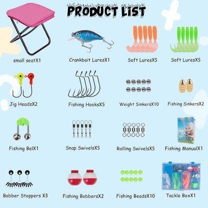 Kids Fishing Pole Set, Telescopic Fishing Rod Reel Combo Kids Starter Kit with Lures Tackle Box, Foldable Stool and Portable Bag for Boys Girls Younth