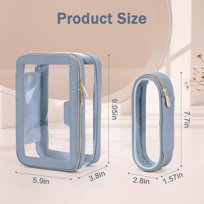 Travel Clear Makeup Bag with Makeup Brush Bag, Leather Makeup Case Toiletry Bag, Portable Cosmetic Bag Case, Transparent Waterproof Cosmetic Organizer Storage Bag for Women, Blue