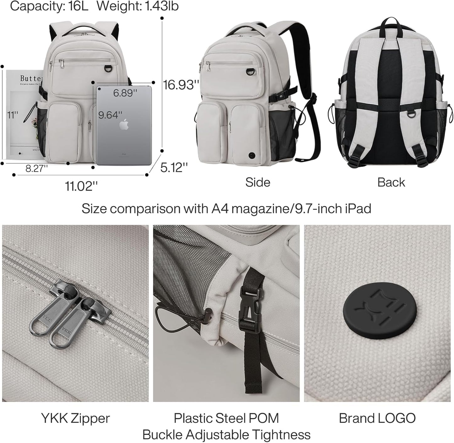 mixi Travel Laptop Backpack, Lightweight Durable School Bookbag Men Woman 15.6" Computer Bag, Water Resistant Outdoor Hiking Backpacks With Multifunction Pockets, 17 Inch, Beige