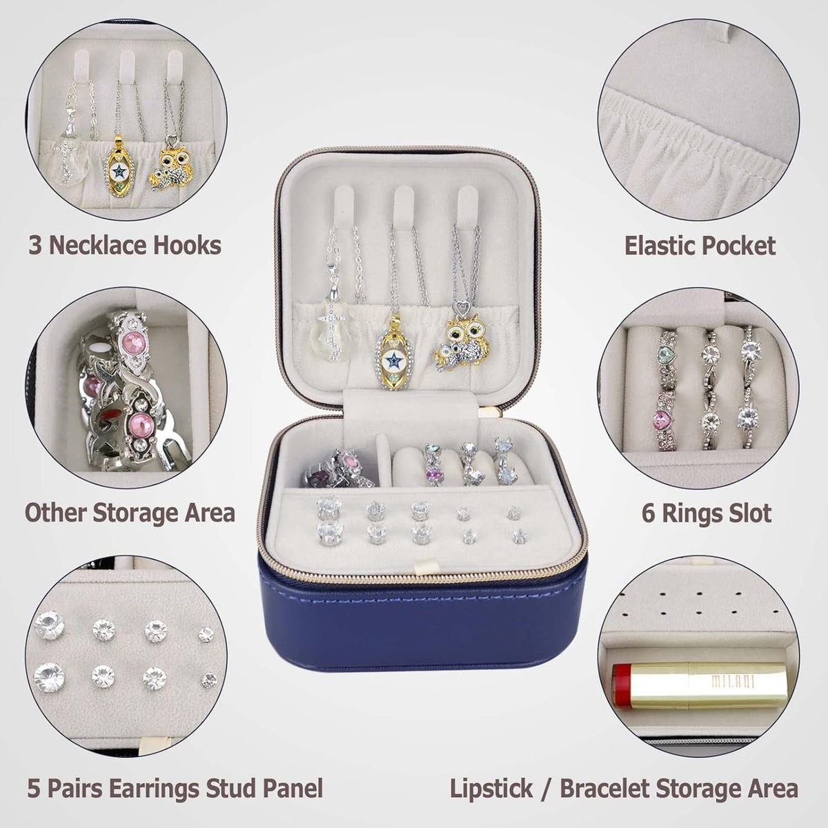 【2 Pack】 PU Leather Travel Small Portable Mini Travel Jewelry Organizer for Rings Necklaces Earrings and Lipstick Color Blue and Pink