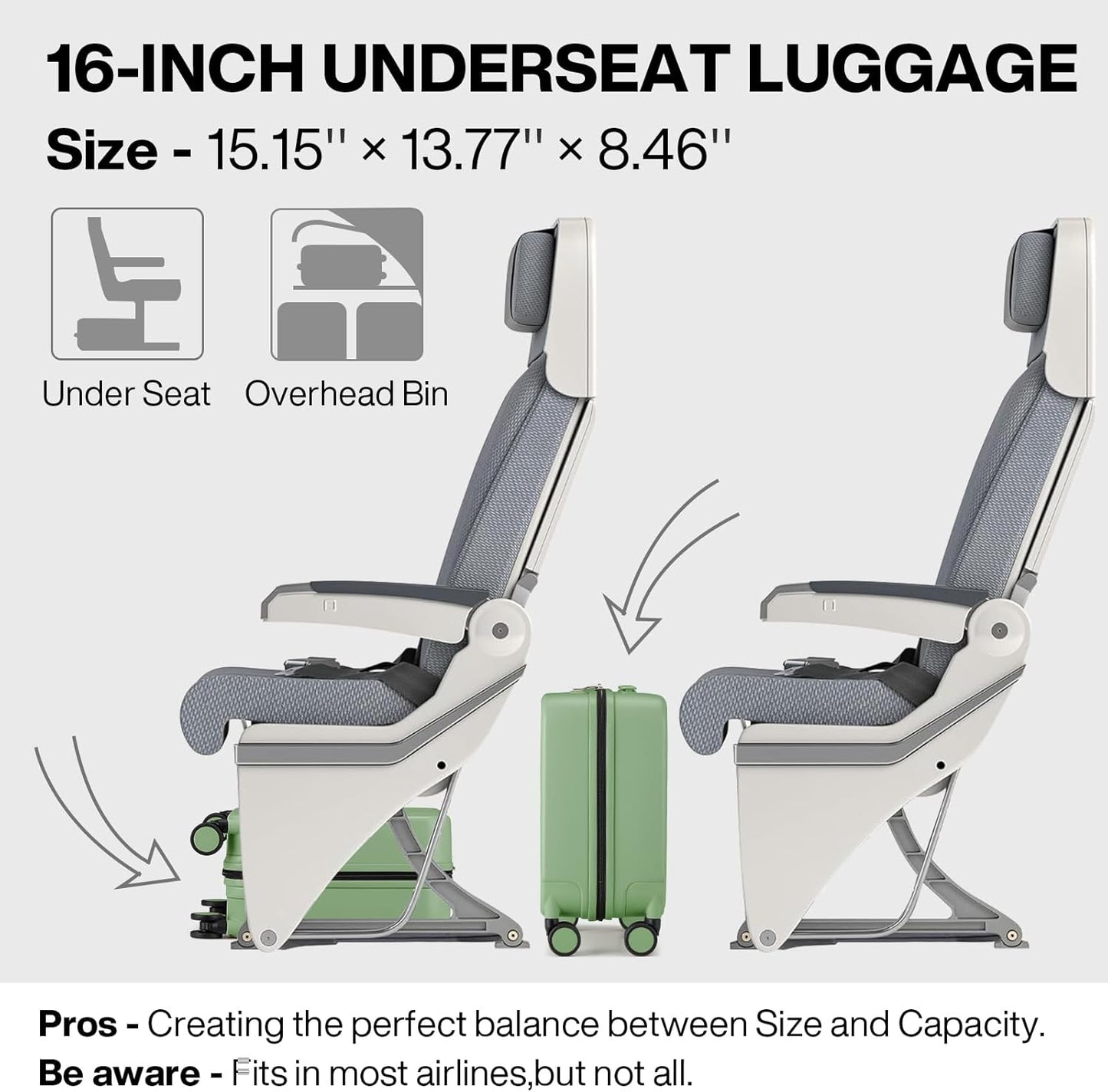 mixi Underseat Carry on Luggage 16 Inch Hardshell PC Suitcase with Spinner Wheels TSA Lock for Travel, Avocado Green