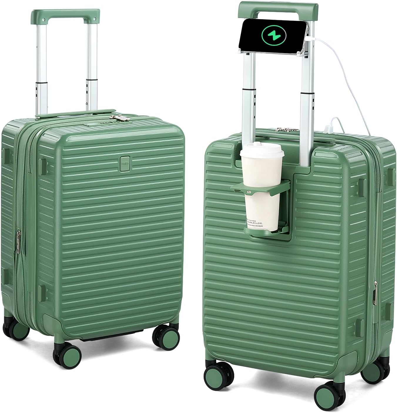 Hard Shell Suitcases Airline Approved 20 Inch Carry on Luggage, Expandable Travel Luggage with Cup Holder Charger Built in, Small Lightweight Suitcases with Wheels, Forest Green