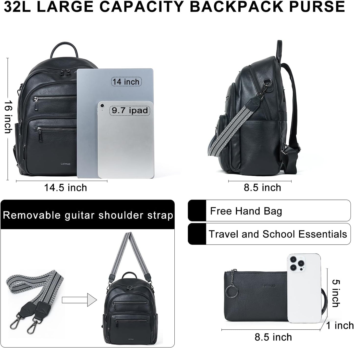 Backpack Purse for Women Laptop Backpack, Leather Travel Backpack Shoulder Bag Teacher College Daypack Work Handbag fits 14" Laptop-Black