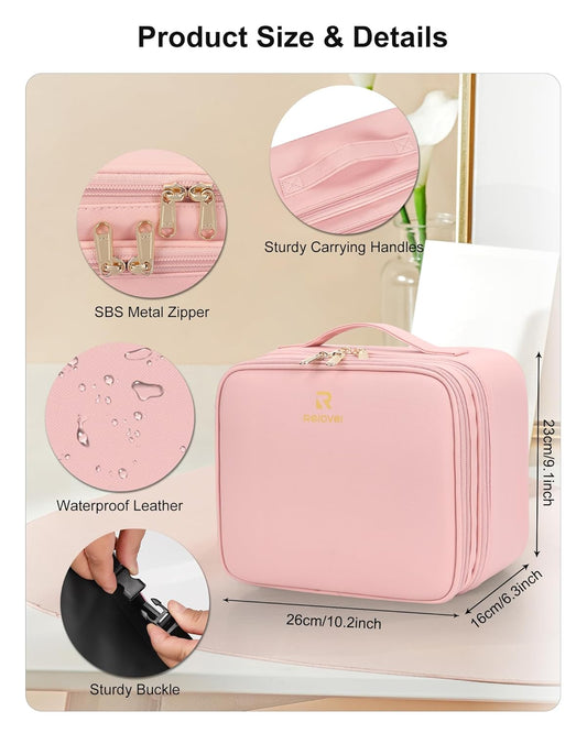 Relavel Makeup Bag with LED Mirror, Small Travel Makeup Case with Rechargeable Lighted Mirror 3 Color Lights, Double Layer Cosmetic Box Makeup Brush Lipstick Holder Organizer for Women, Pink