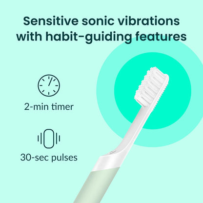 Quip Plastic Sonic Toothbrush, Electric Toothbrush for Adults –Time Travel & Soft Bristles with Travel Case & Replaceable Brush Head -3-Month Battery Life - Sage Green