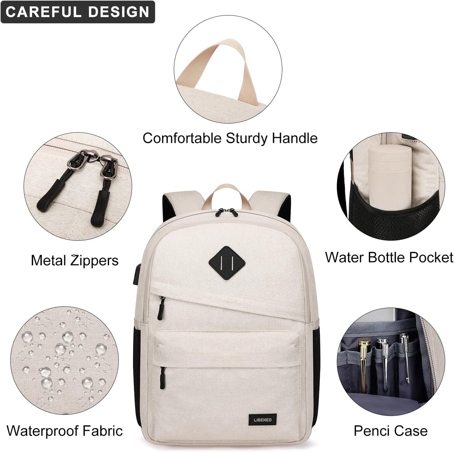School Backpack for Teen Boys and Girls, Backpack for Men Women, 15.6 inch Laptop Back Pack for High School and College Students with USB Charging Port, Beige